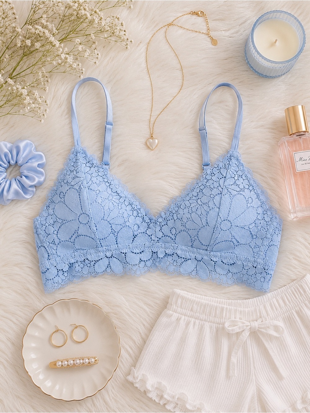 NWT Aerie Real Happy Wireless Candy Laced Bra Light Blue Size 32A